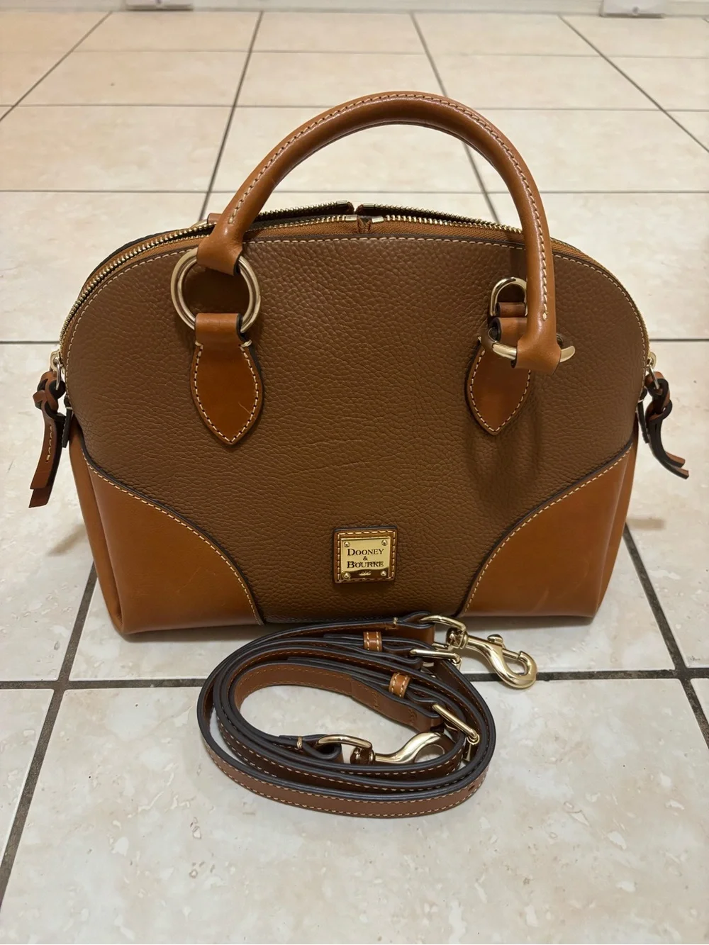 Dooney & Bourke Tan Brown Pebble Leather Satchel with Gold Hardware